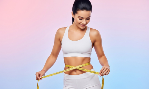 fitness, weight loss, healthy lifestyle, diet, body measurement, measuring tape, waist, slender, athletic, woman, white sportswear, sports bra, shorts, smiling, achievement, body goal, studio shot, gradient background, wellness, progress, ai generated