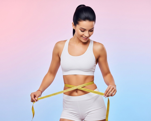 fitness, weight loss, healthy lifestyle, diet, body measurement, measuring tape, waist, slender, athletic, woman, white sportswear, sports bra, shorts, smiling, achievement, body goal, studio shot, gradient background, wellness, progress, ai generated