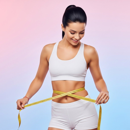fitness, weight loss, healthy lifestyle, diet, body measurement, measuring tape, waist, slender, athletic, woman, white sportswear, sports bra, shorts, smiling, achievement, body goal, studio shot, gradient background, wellness, progress, ai generated
