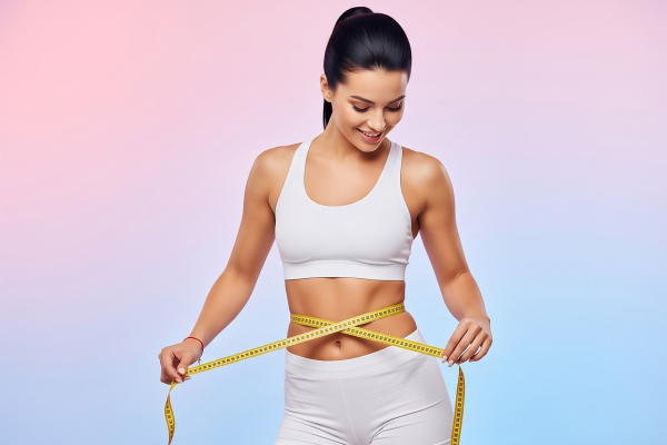 fitness, weight loss, healthy lifestyle, diet, body measurement, measuring tape, waist, slender, athletic, woman, white sportswear, sports bra, shorts, smiling, achievement, body goal, studio shot, gradient background, wellness, progress, ai generated