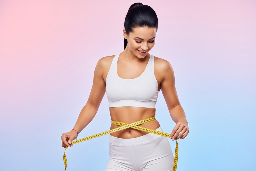 fitness, weight loss, healthy lifestyle, diet, body measurement, measuring tape, waist, slender, athletic, woman, white sportswear, sports bra, shorts, smiling, achievement, body goal, studio shot, gradient background, wellness, progress, ai generated